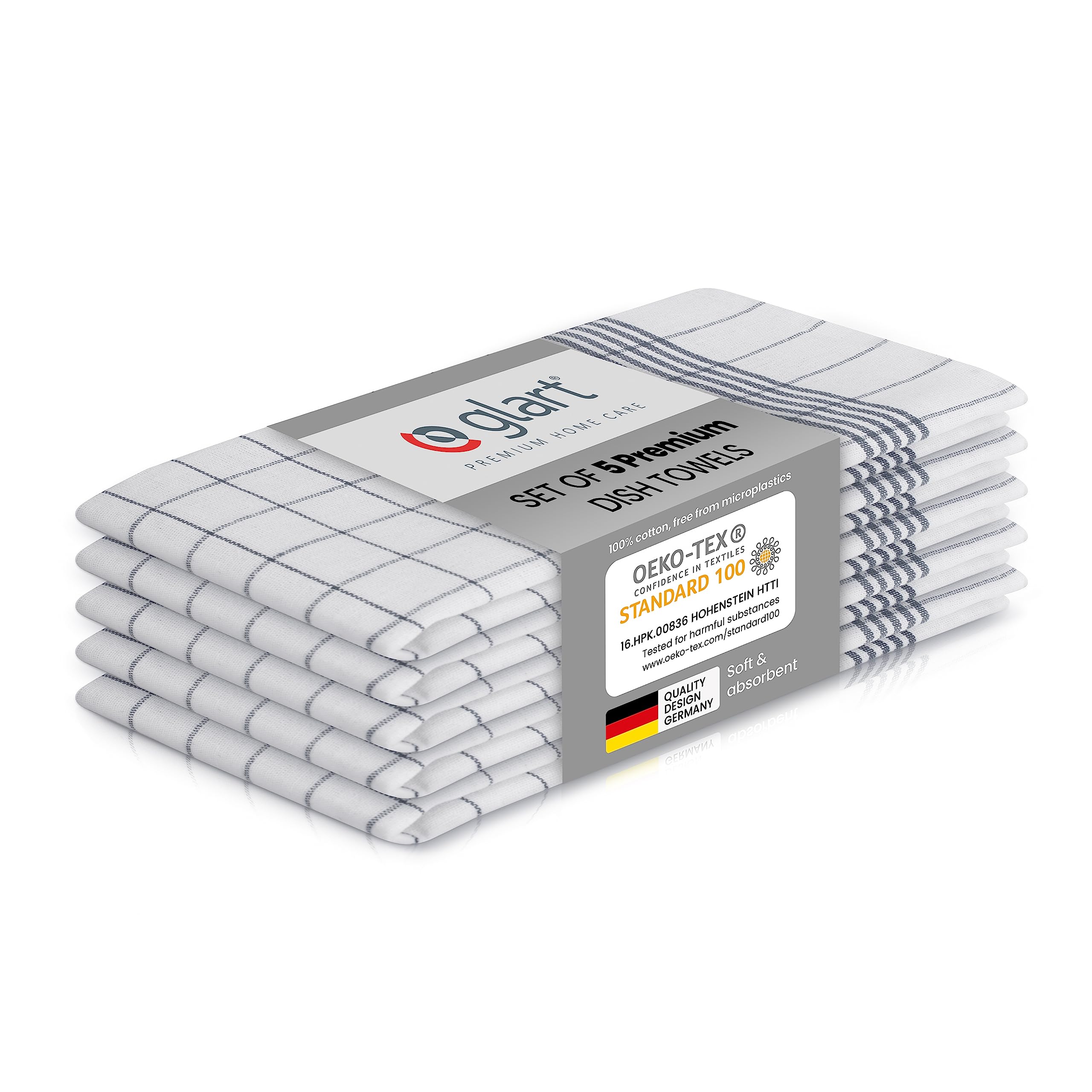 Glart 48KG1 Dish Towels 5pc Set 50x70 cm grey checkered - 100% cotton, OEKO-TEX certified, prewashed, absorbent, washable, durable, with hanger, for kitchen, household, office, catering.