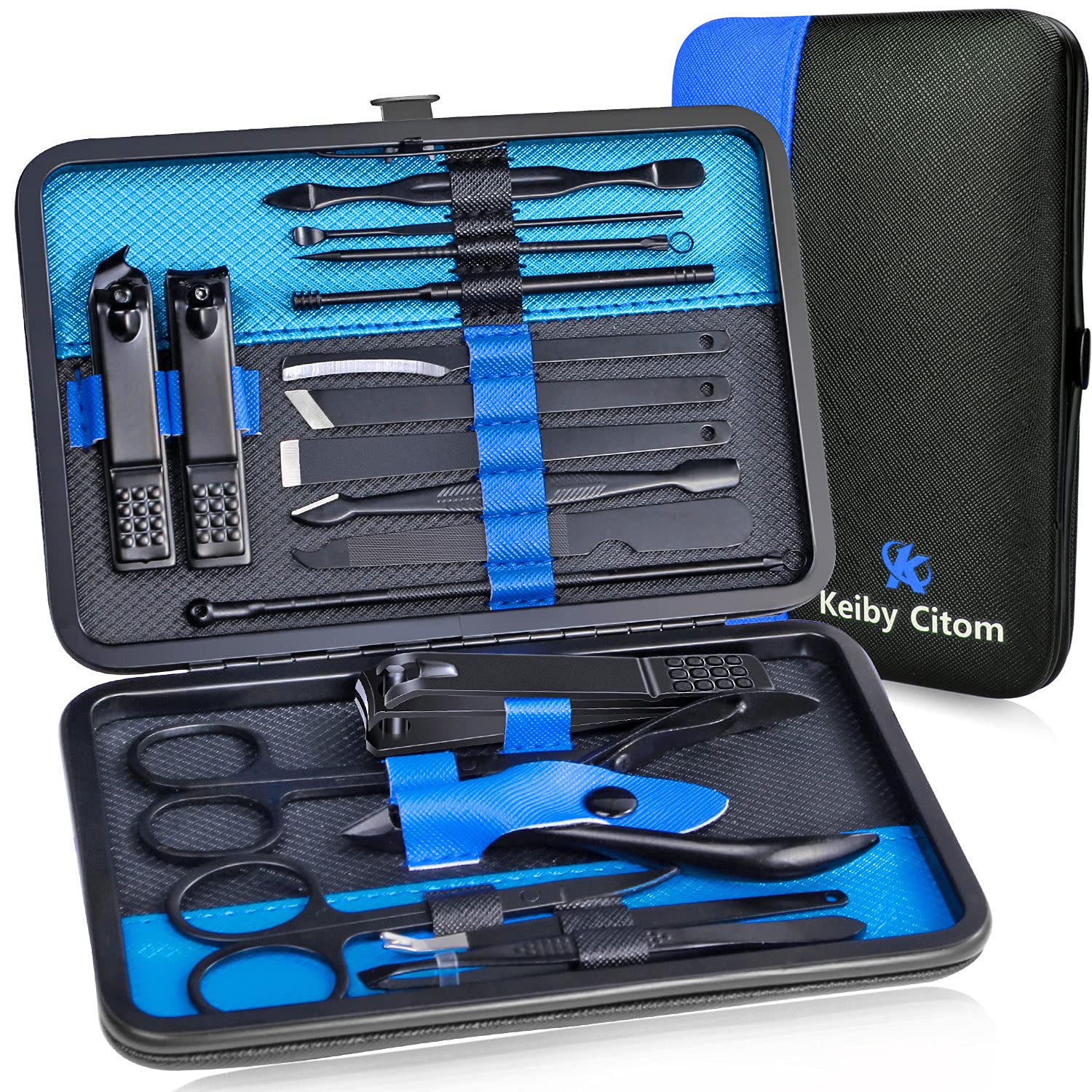 Manicure Set Nail Set Nail Clipper Kit Professional - Stainless Steel Pedicure Set Nail Grooming Kit of 18pcs with Case for Travel (Black/Blue)