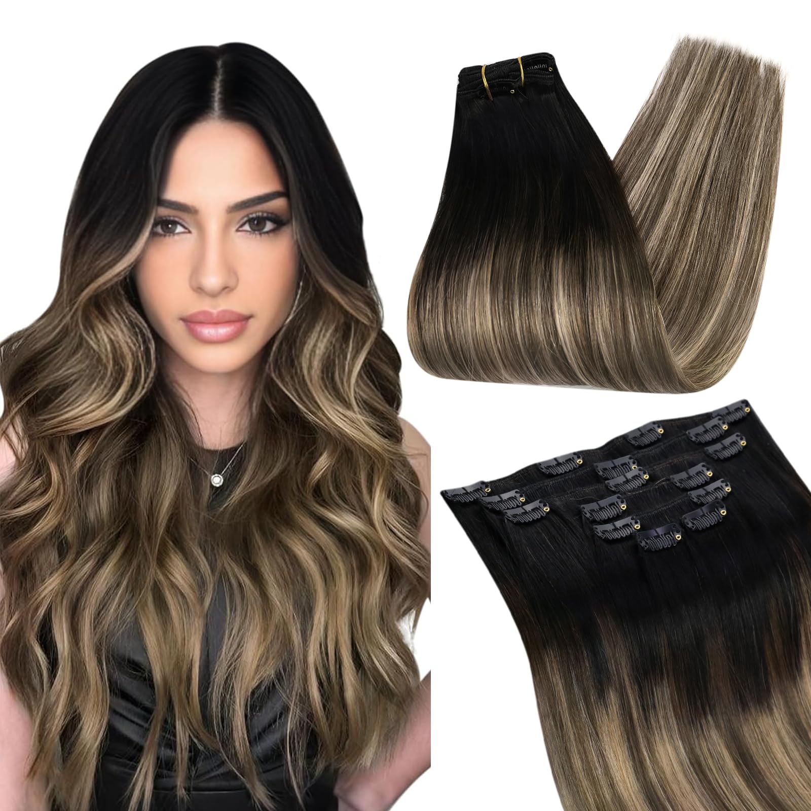Ugeat Clip in Hair Extensions Real Human Hair Natural Black to Dark Brown Mix Strawberry Brown Balayage Clip in Human Hair Extensions For Women Straight Hair 14 inch 7pcs 105g โ image 1