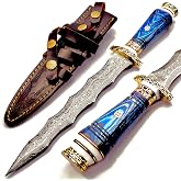 NoonKnives Custom Hand Made Damascus Steel Wavy Dagger Knife, ice Blue handle knife come with sheaths