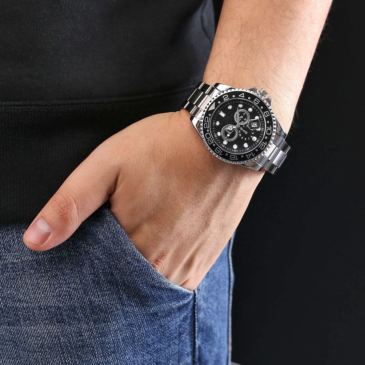 Top Plaza Men\'s Fashion Casual Full Steel Sports Watch 30M Waterproof Arabic Numerals Classic Business Second Hand Calendar Analog Quartz Wrist Watch(Black Dial Silver Band)