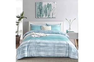 ETDIFFE Comforter Set Queen Size, 3pc Teal Grey and Blue Gradient Striped Pattern Bedding Set - Modern Soft & Lightweight All