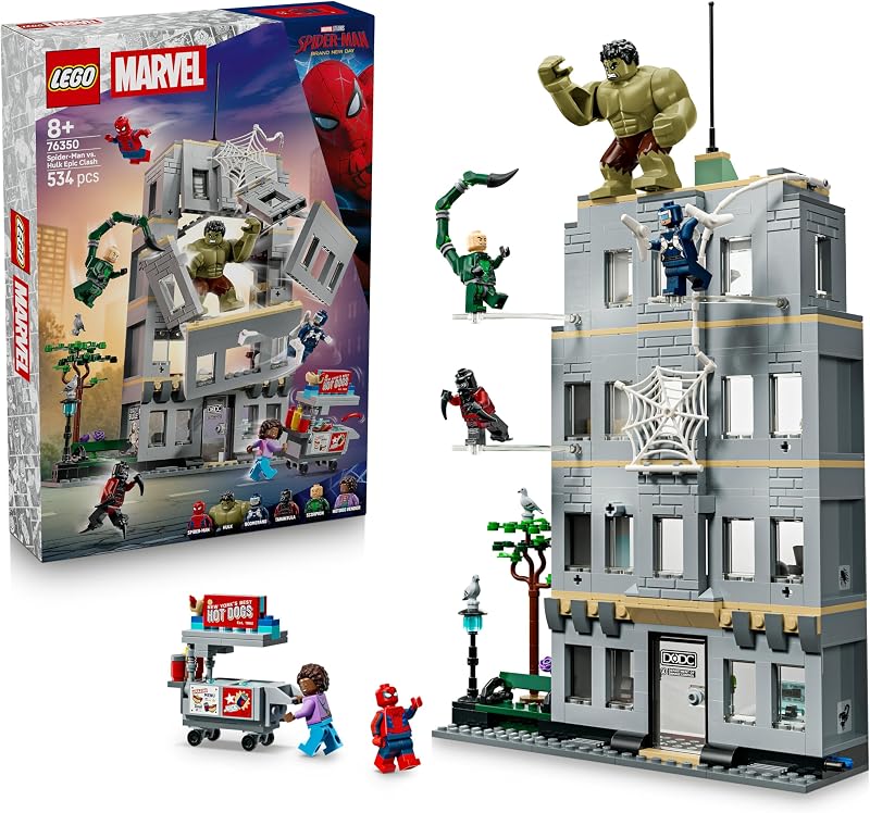 | Marvel Großer Showdown: Spider-Man vs. Hulk - Interaktives Spielzeug mit 4-stöckigem Bürogebäude, Actionfigur und 5 Minifiguren inkl. Scorpion - Geschenk für Jungen ab 8 Jahren und Fans - 76350