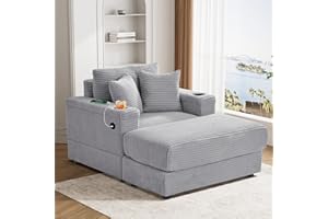 DAMAIFROM Oversized Chaise Lounge Chair Indoor with USB, Cup Holder & Ottoman, Firm Solid Wood Frame with Long Service Life Corduroy Oversized Lounge Reading Chair for Study Room - Grey