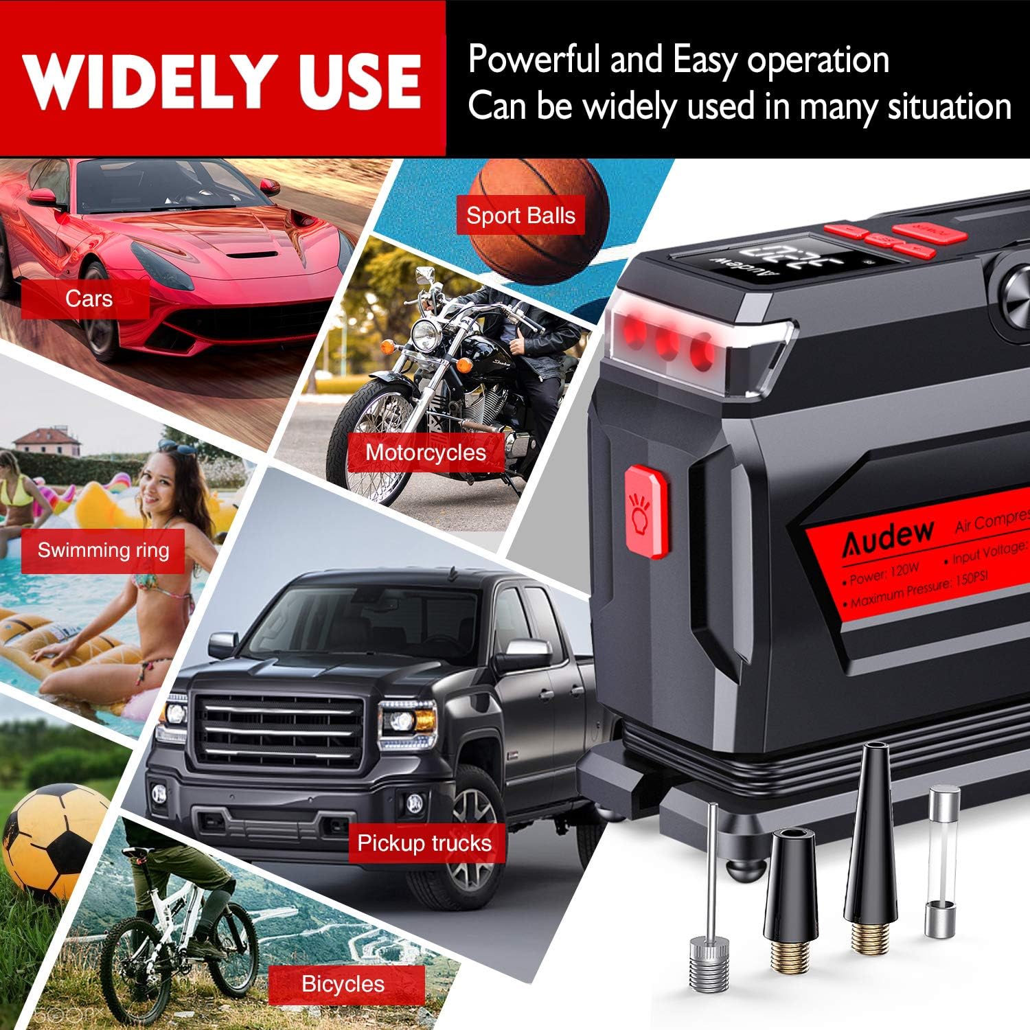 Audew Air Compressor Tire Inflator - 12V Heavy Duty Portable Wheel Air Pump for Car Tires - The Most Durable and Reliable Auto Companion, Suitable for Car, SUV, Pickup, Motorcycle, Sports Balls: Automotive