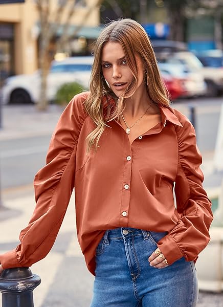 PRETTYGARDEN WOMEN’S 2024 FALL FASHION BUTTON DOWN SHIRTS RUCHED LONG SLEEVE BUSINESS CASUAL BLOUSE TOPS (ORANGE,SMALL)