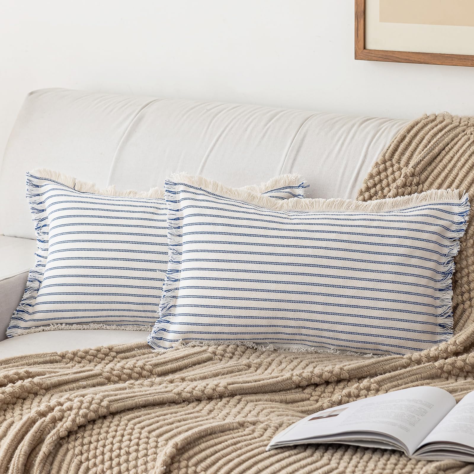 Photo 1 of YEENAASY Throw Pillow Covers 12x20 Set of 2 Striped Fringe Pillow Cover Farmhouse Cushion Covers with Tassel Neutral Boho Pillows Decorative Square Pillowcase for Couch Sofa Bed, Blue