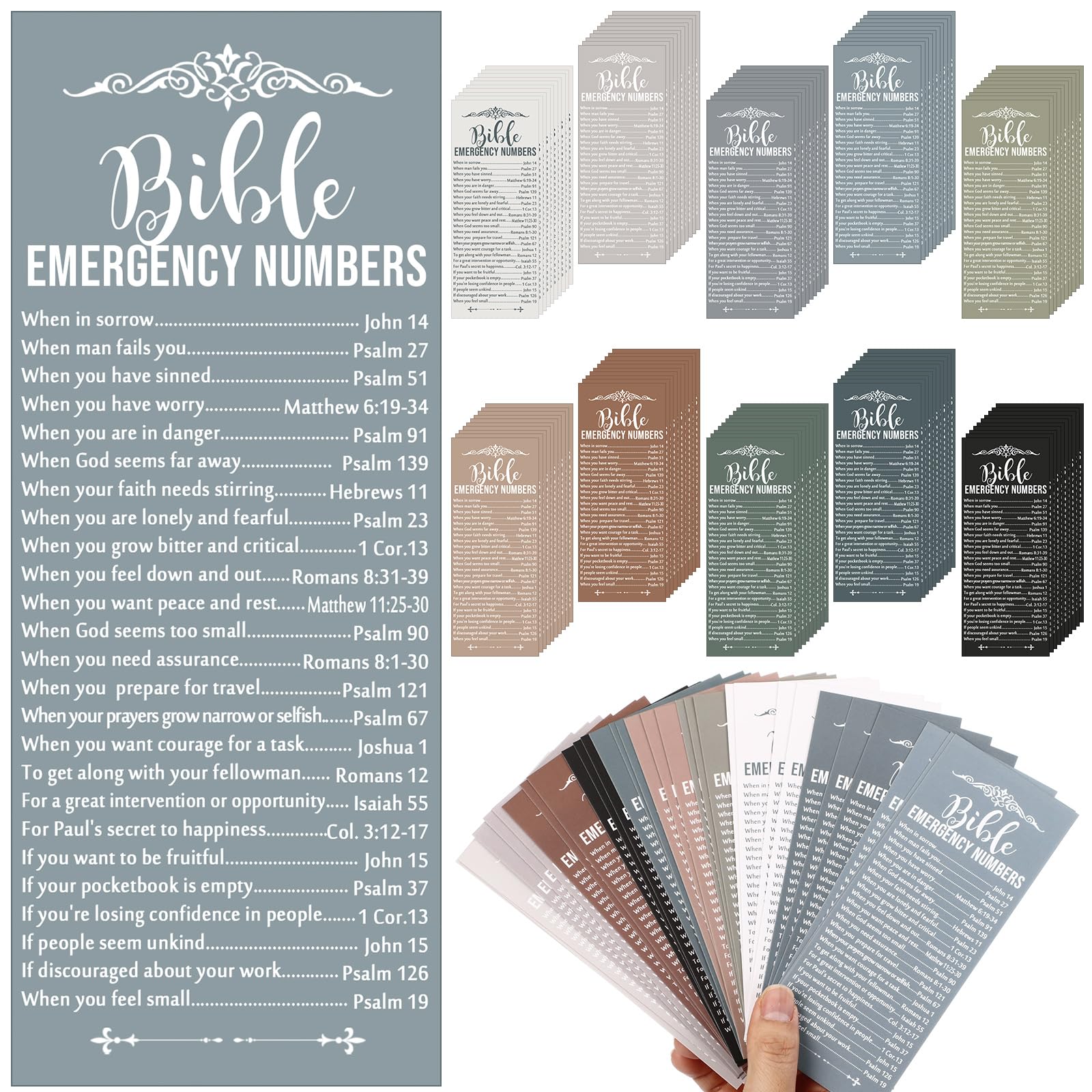 Photo 1 of 100 Pcs Christian Bible Emergency Numbers Bookmark Vbs Church Gift 2.36 x 6'' Religious Bible Verse Bookmark Gift for Women Men Friend Family Sunday School Retreat Class Student(Morandi Color)