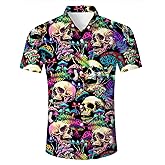 RAISEVERN Mens Hawaiian Shirts Casual Skull Floral Button Down Short Sleeve Summer Skeleton Beach Mushroom T-Shirts Holiday Party M