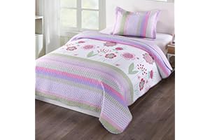 MarCielo 2 Piece Kids Bedspread Quilts Set Throw Blanket for Teens Girls Bed Printed Bedding Coverlet, Twin Size, Purple Floral Striped (Twin)