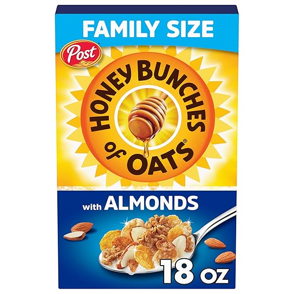 HONEY BUNCHES OF OATS WITH ALMONDS BREAKFAST CEREAL, ALMOND CEREAL WITH OATS AND GRANOLA CLUSTERS, FAMILY SIZE 18 OZ BOX