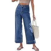 GRAPENT Wide Leg Jeans for Women Cropped Trendy High Waisted Welt Pocket Stretchy Denim Pants Distressed Trouser Jeans
