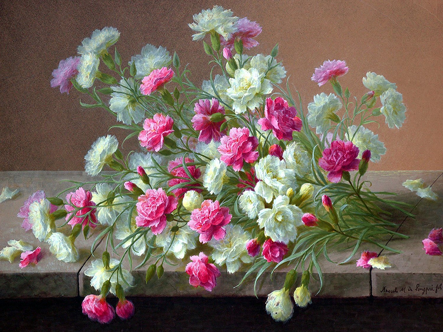 Still carnation flowers by R. Longpre Tile Mural Kitchen Backsplash Ceramic 10x8