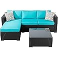 Shintenchi Outdoor Wicker Patio Sofa Set, Black All-Weather Rattan Small Sectional Patio Set and Chaise Lounge w/ Glass Coffee Table and Washable Couch Cushions Patio Conversation Set (3 Piece,Blue)