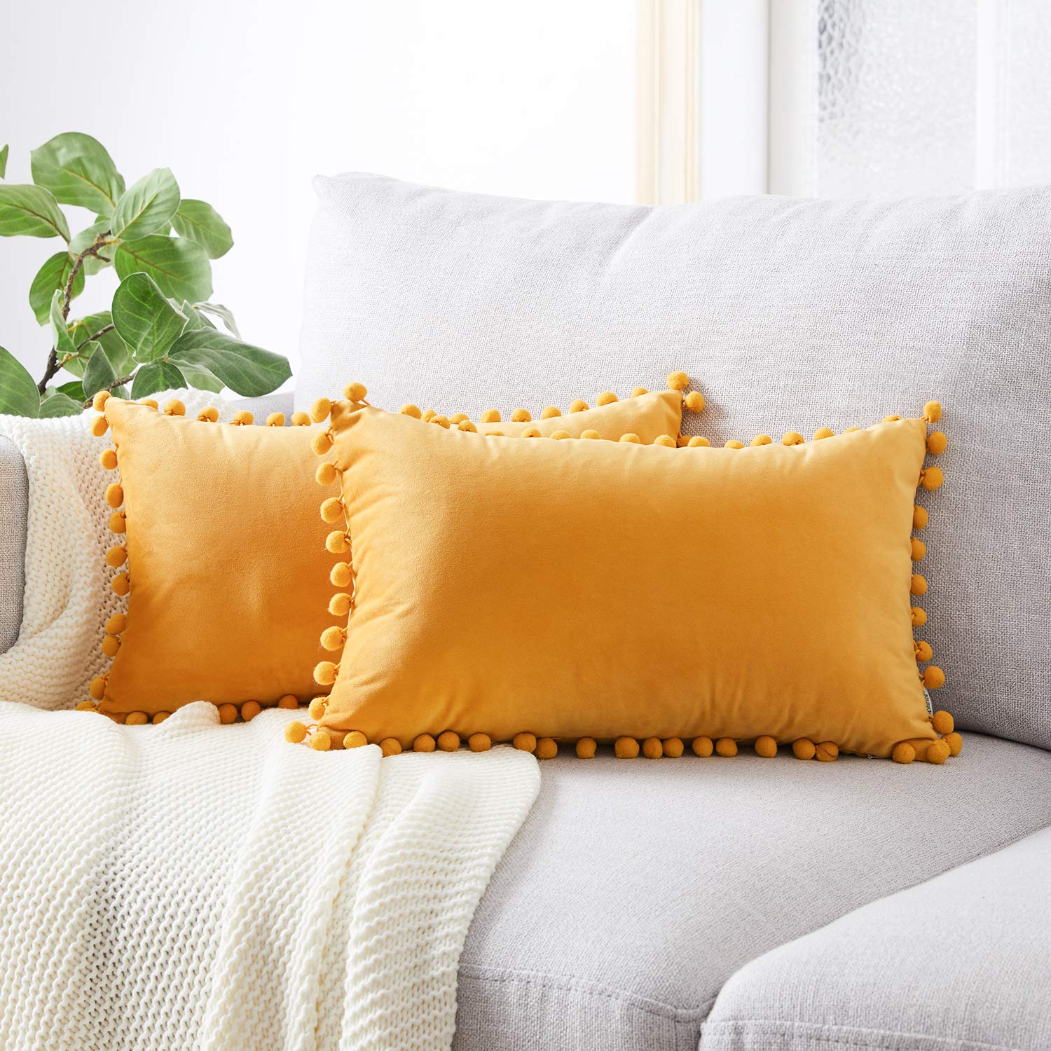 Topfinel Mustard Yellow Oblong Cushion Covers 12x20 Inch Velvet