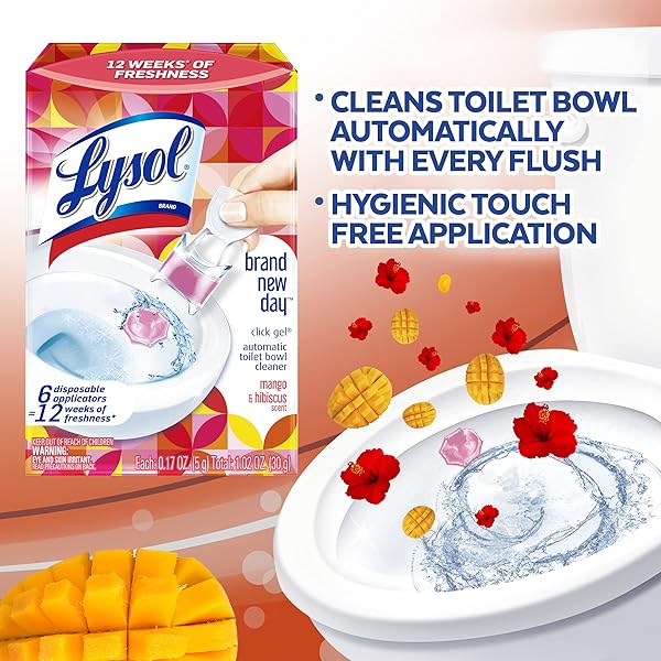 LYSOL CLICK GEL AUTOMATIC TOILET BOWL CLEANER, TOILET GEL STAMP, TOILET FRESHENER, BATHROOM ESSENTIALS, REFRESHING MANGO & HIBISCUS SCENT, 6 COUNT (PACK OF 1)