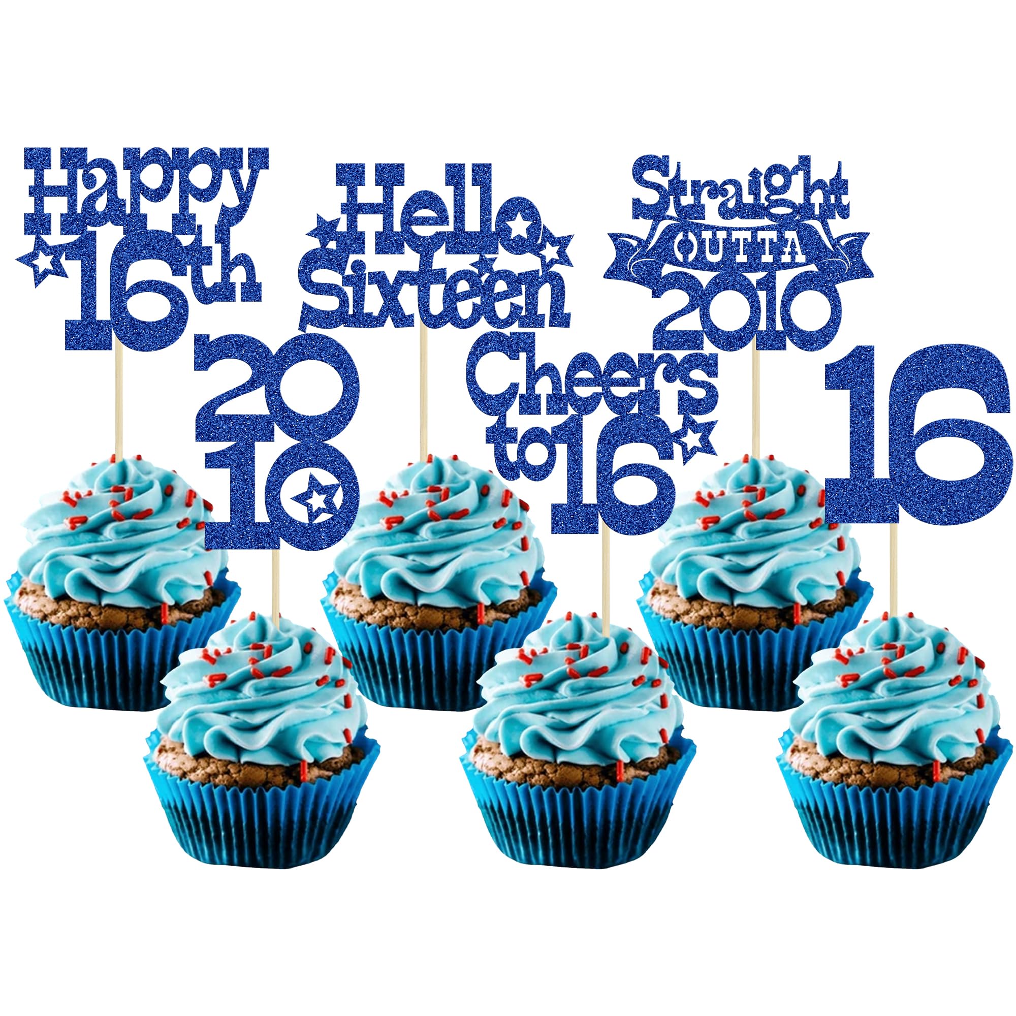Ephlyn 30Pcs Happy 16th Birthday Cupcake Toppers Glitter Sixteen Straight Outta 2010 Cupcake Picks Cheers to 16 Years Cake Decorations for 16th Birthday Anniversary Party Supplies Blue