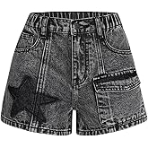 WDIRARA Girl's Wrap Waist Button Jean Shorts Star Patched Denim Shorts with Pockets