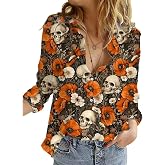 Holiday Button Down Shirts for Women V Neck Long Sleeve Tops | Funny Halloween Thankgiving Christmas Graphic Fall Blouse
