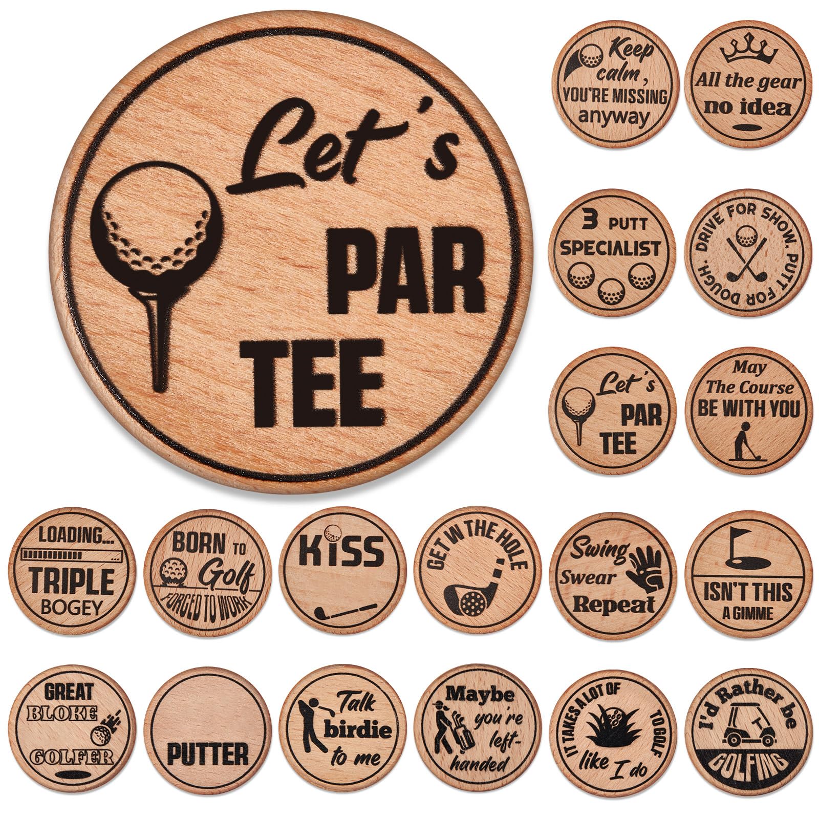 Namalu 18 Pcs Funny Golf Ball Markers Wooden Engraved Golf Markers for The Putting Green Wood Tags Valentine's Day Novelty Gift for a Bad Putter Joke Accessories for Men on Father's Day (Stylish)