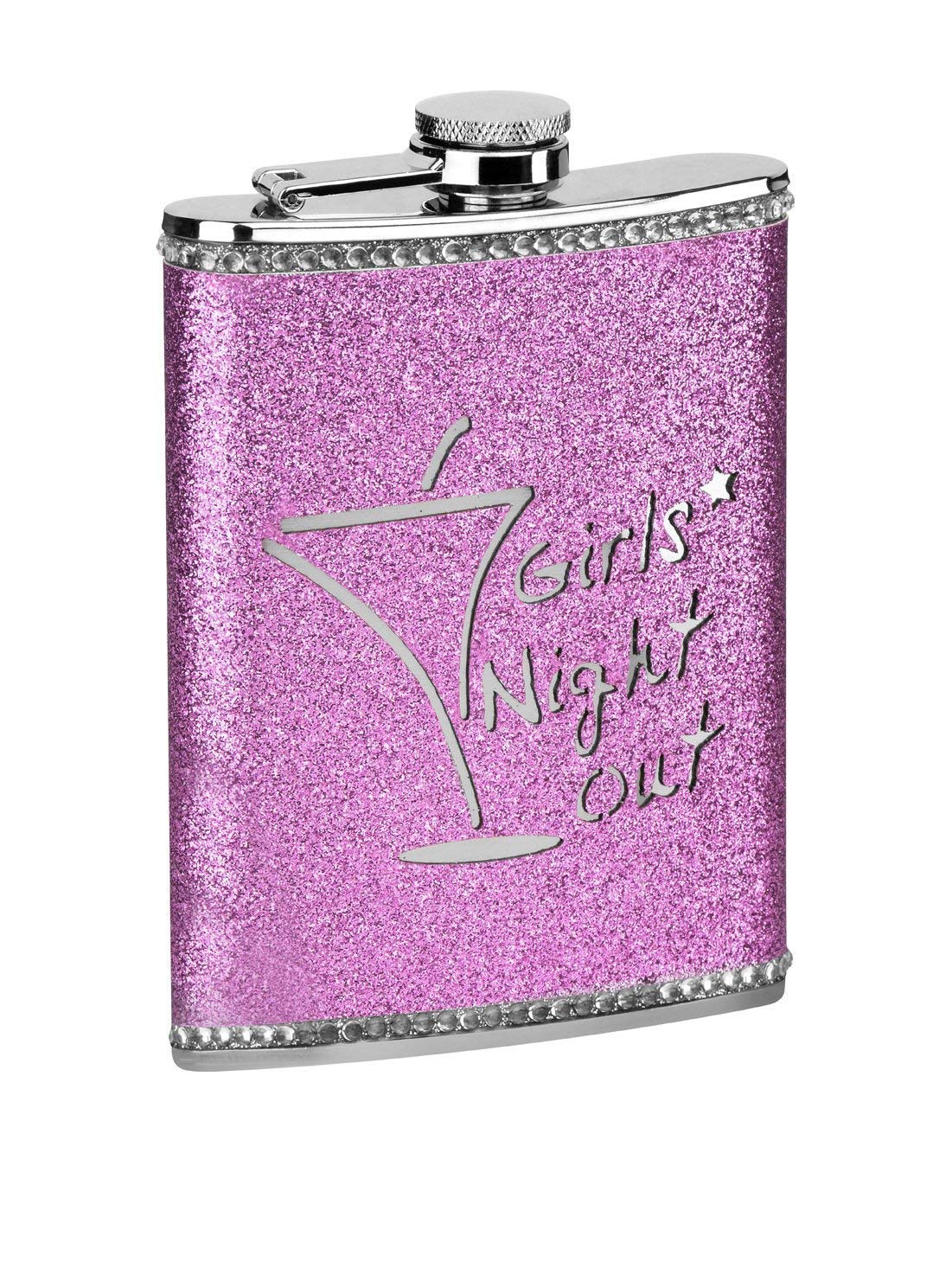 KAV 8 oz Girls Night Out Pink Glitter Hip Flask with Stainless Steel Construction, Durable and Stylish, Perfect for Any Occasion, Gift for Women (Pink)