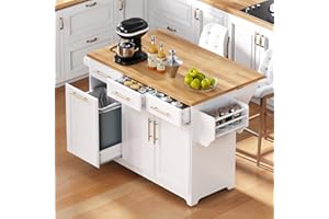 Siemd Kitchen Island with 2 Pull Out Cabinet Organizers and Rubber Wood Drop Leaf, Rolling Kitchen Island with 3 Drawers and 