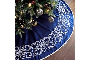 Bunny Chorus Christmas Tree Skirt, 72 inch Large Velvet Fur Plush Blue Tree Skirt, Xmas Tree Skirts with Gold Embroidered Wave Pattern for Merry Christmas Party Christmas Tree Decorations
