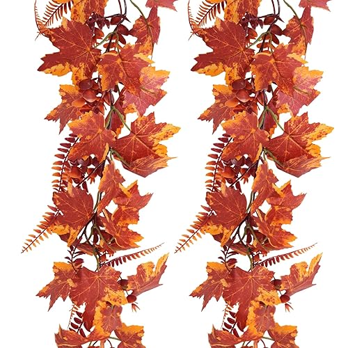 RECUTMS Fall Maple Leaves Garland-2Pcs 5.74FT Faux Autumn Boston Fern Eucalyptus Leave Vines Artificial Twigs Plants for Indoor Outdoor Thanksgiving Wedding Party Home Porch Fireplace Decorations
