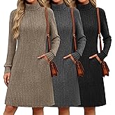 Velvelhall 3 Pack Women's Long Sleeve Sweater Dresses, Ribbed Knit Turtle Neck Casual Tunic Dresses with Pockets Fall Outfits