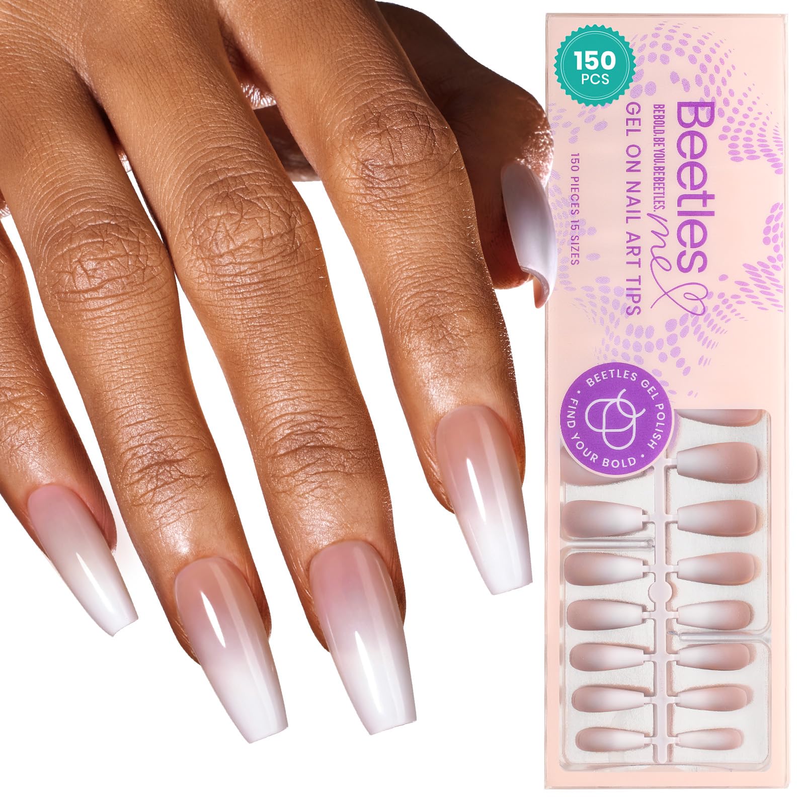 Beetles Press on Nails- 150 PCS 4 in 1 Ombre Gel Nail Tips Rosy Brown Medium Coffin Press ons Pre-applied Primer & Base Coat Glue on Nail Tips, No Need to File Fake Nails DIY Nails Gift for Women