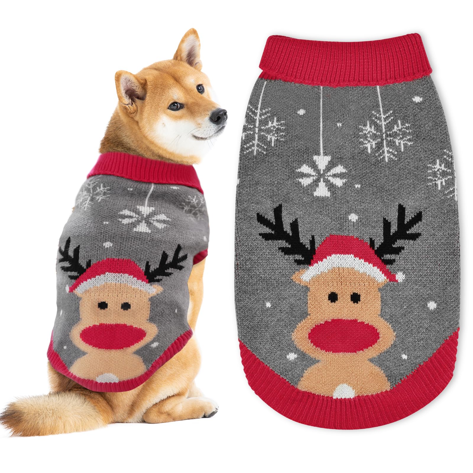 Cozy Christmas Dog Jumper with Reindeer Pattern, Festive Turtleneck Puppy Sweater for Small, Medium, Large & Giant Breeds, Warm Xmas & New Year Outfit for Dogs, Easy On/Off (M)