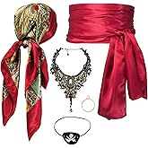 Women Pirate Costume Accessories Set|Headscarf Wrap Hat Sash Belt Cosplay Outfit With Stainless Steel Earring Necklace
