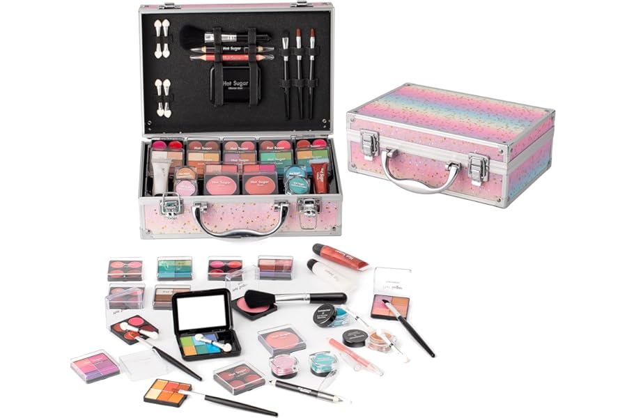 Hot Sugar Makeup Kit for Teenager Girls – Full Starter Cosmetics Set with Eye Shadow Lip Balm Blush Lip Gloss Brush Lip Pencil Eye Pencil and Mirror (Rainbow)