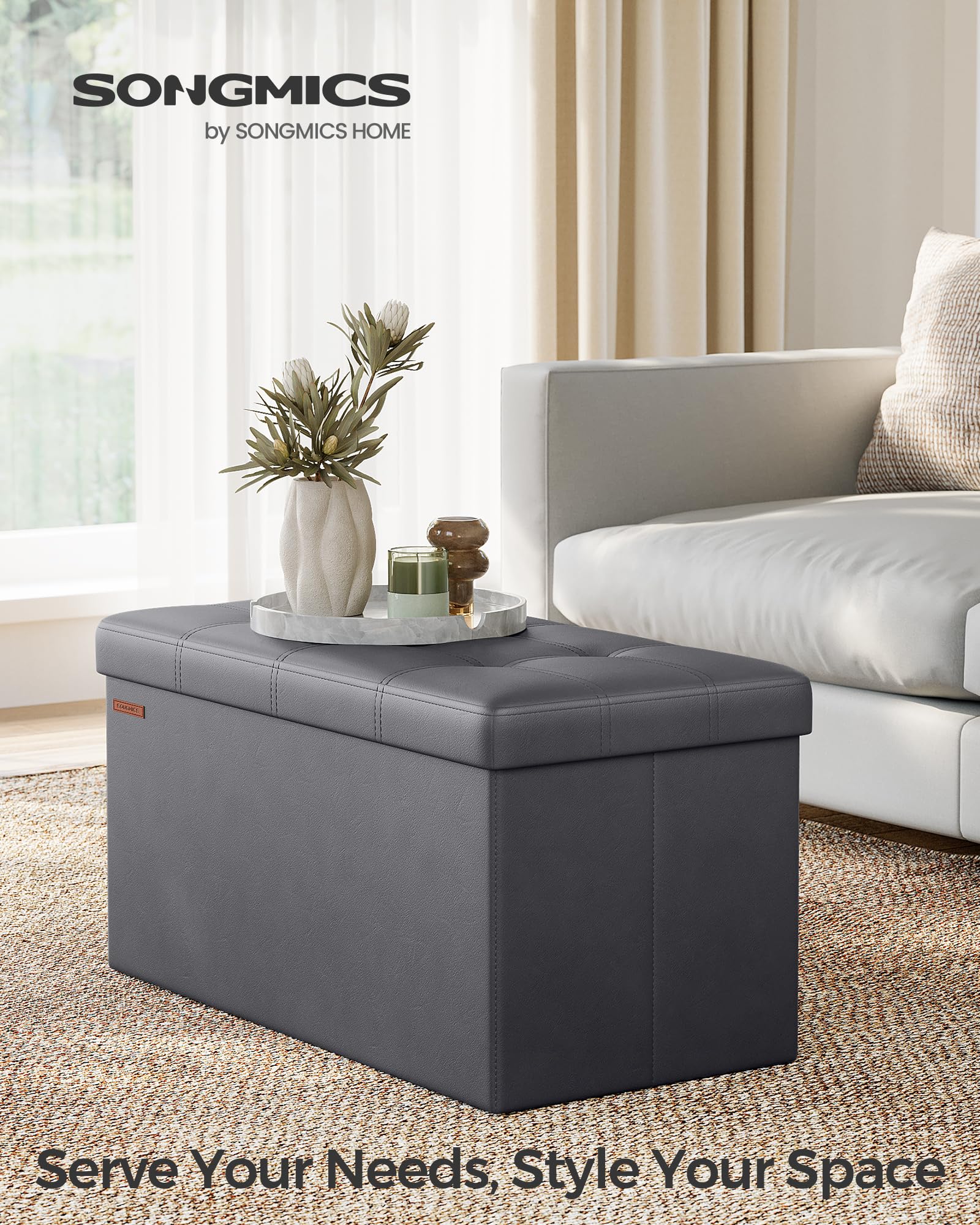 SONGMICS 30 Inches Folding Storage Ottoman Bench, Storage Chest, Footrest, Coffee Table, Padded Seat, Faux Leather, Holds up to 660 lb, Dark Gray ULSF040G01