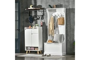 HOMCOM Hall Tree with Bench and Shoe Storage, 3-In-1 Entryway Bench with Coat Rack, 4 Hooks and Flip Top Storage Compartment, White