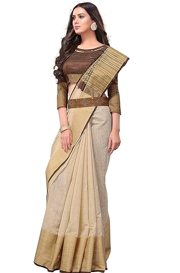 Women's Chanderi Linen Cotton Saree with Blouse Piece ( Off-white)