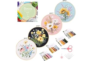 Santune 4 Pack Flower Embroidery Kit for Beginners Adults Cross Stitch Kits for Beginners Hand Embroidery with Plant Patterns and Instructions DIY Kits for Adults with 2 Hoops,Threads and Needles
