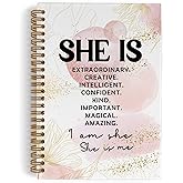 QLMX Pink She Is Inspirational Spiral Notebook, Positive Affirmations Journal Notebook, Self Care Pink Abstract Notebooks for School Work, Motivational Office Supplies Gifts for Women, 5.5x8.3 Ines