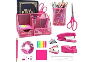 SHELLVCASE 12 in 1 Hot Pink Desk Organizers and Accessories Set, Gifts for Coworkers Women, Office Supplies Stapler Pen Holder Tape Holder Staples Scissors Ruler Staple Remover