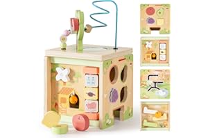 ROBOTIME Wooden Activity Cube with Bear Orchard Theme, 9-in-1 Montessori Toys for 12M+ Boys & Girls, Educational Learning Toy