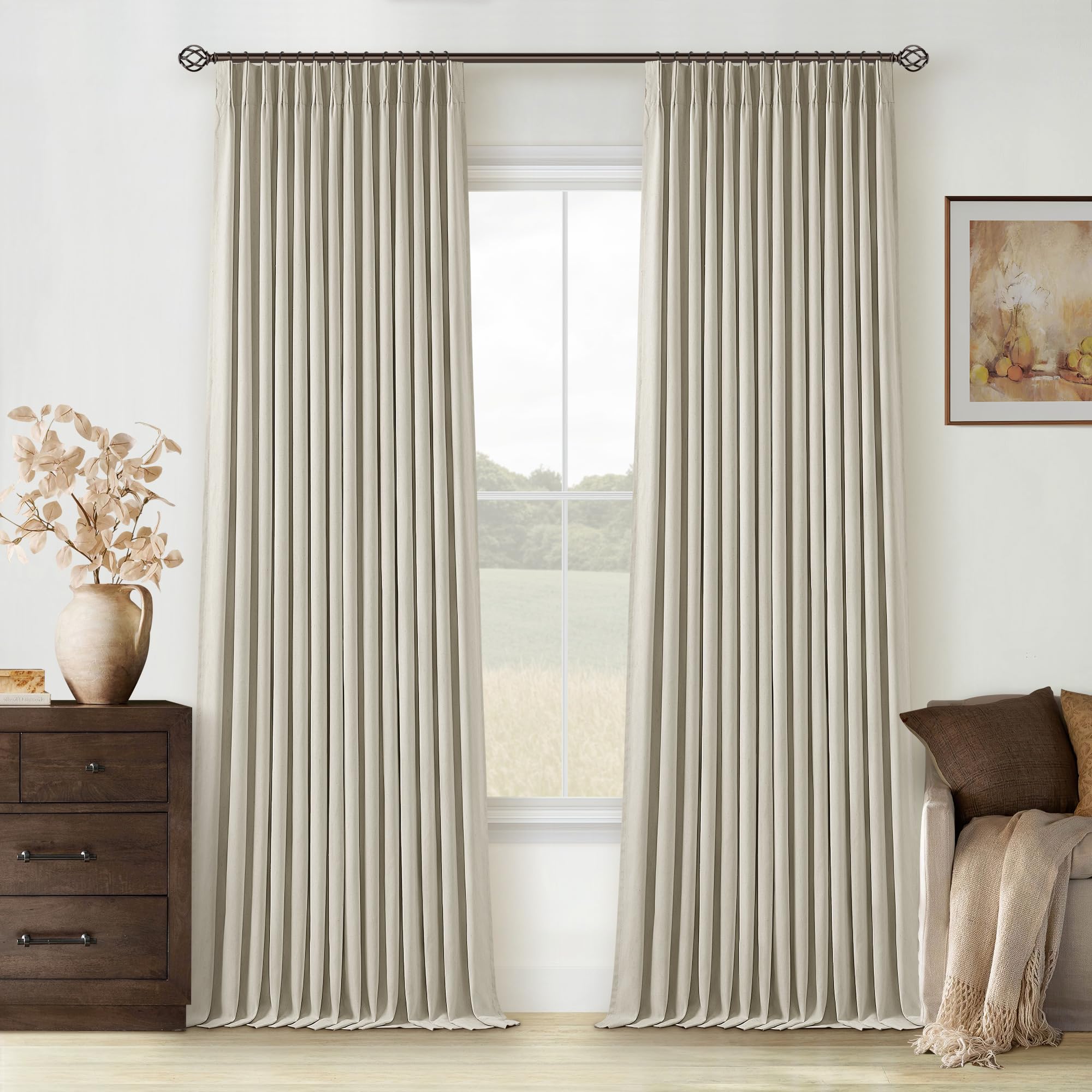 Photo 1 of Light Beige Pinch Pleated 100% Blackout Linen Bedroom Curtains 96 Inch Length Double Layer Pleat Curtains Ring Hooks Back Tab Black Out Room Darkening Drapes 96 Inches Long Living Room Oatmeal