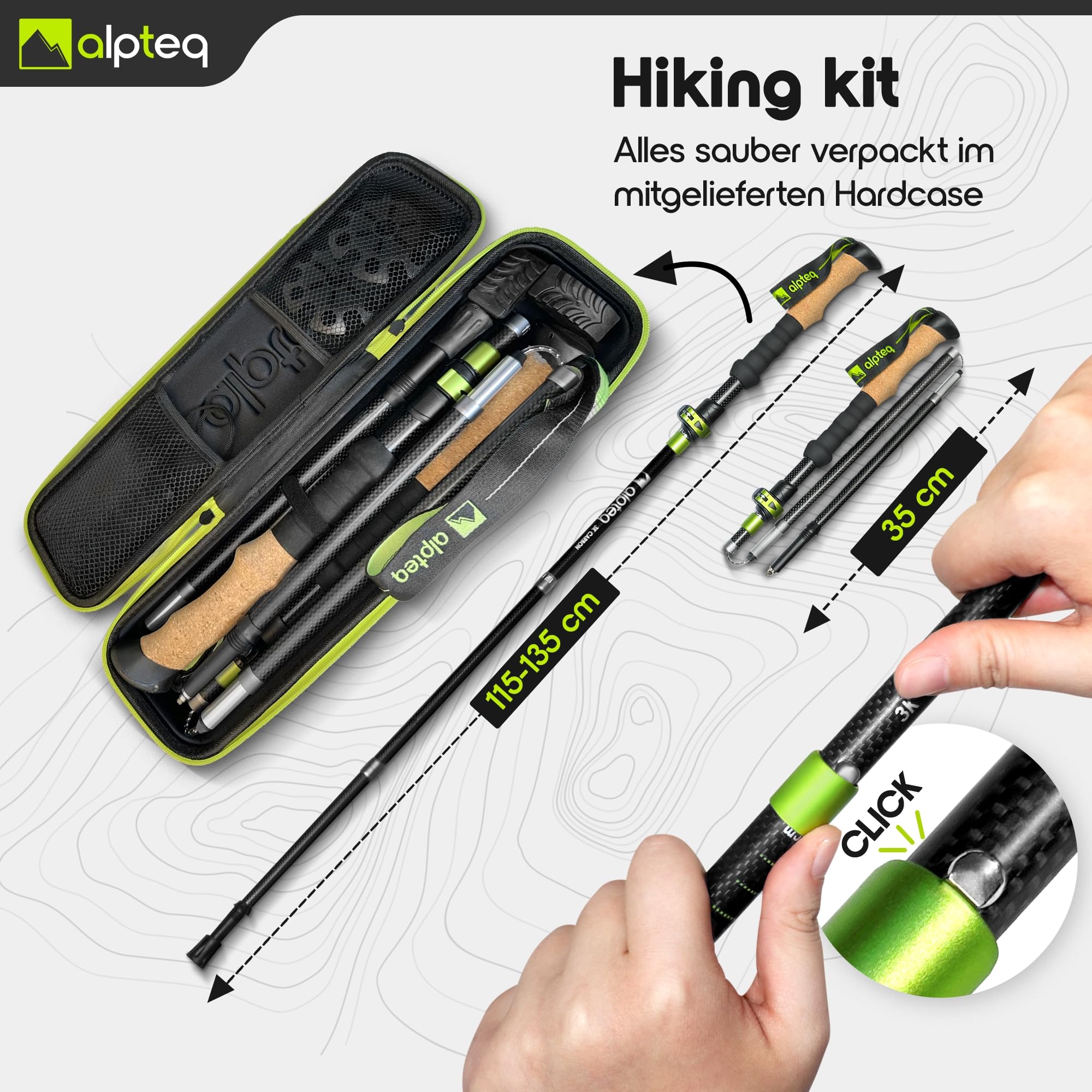 Alpteq® Wanderstöcke faltbar Carbon mit Korkgriff | Bergsport Trekkingstöcke | Nordic Walking Stöcke Damen & Herren | extra leicht und Teleskop variabel (Carbon 115-135 cm | Lime Green) 7