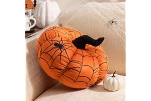 ASHLER HOME DECO Ashler Halloween Pillows, Velvet Pumpkin Pillows, Orange Pumpkin Throw Pillows, Cute Pumpkin 3D Spider Web Print Halloween Shaped Pillows, Soft Pumpkin Decorative Pillow for Fall Holiday, 6 X 12 in
