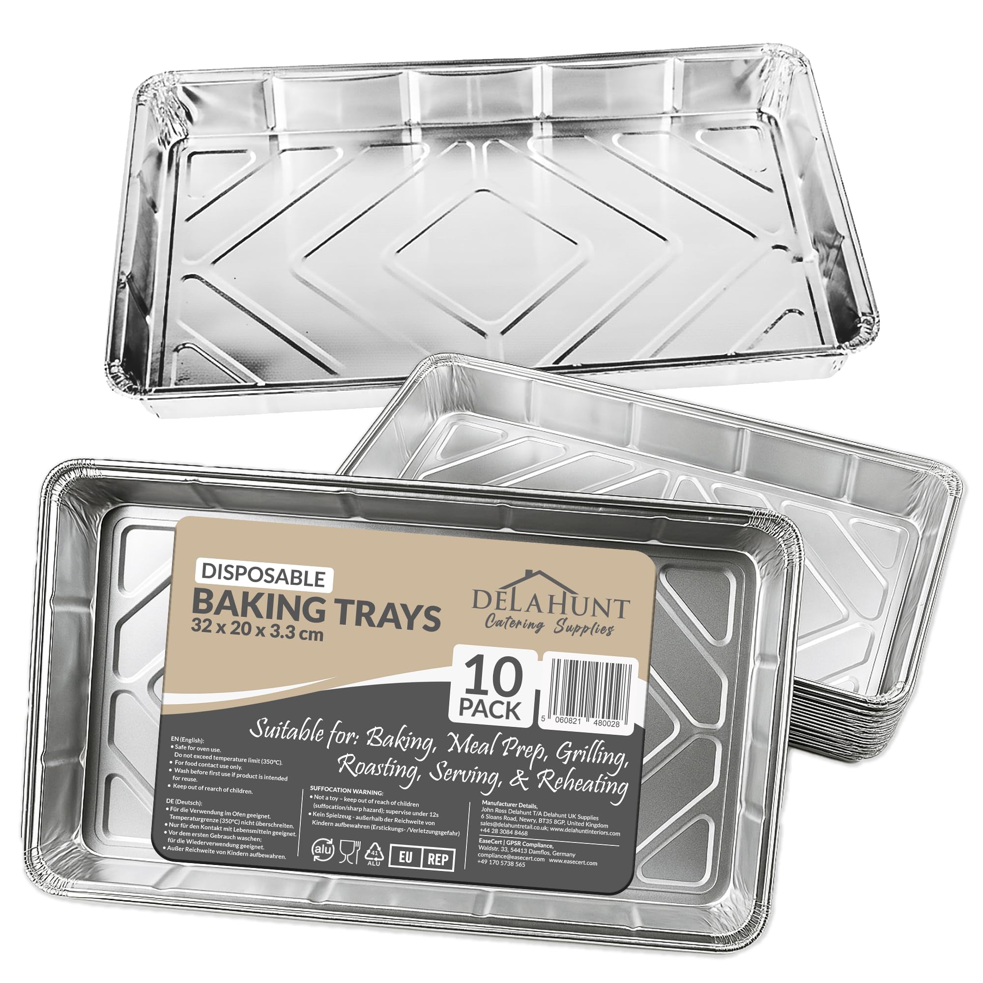 Delahunt Catering Supplies 10 Pack - Disposable Aluminium Foil Baking Trays, Tray Bakes, Containers for Baking, Roasting, Freezing, Storage, Cooking, BBQs, Brownies 32cm x 20cm x 3.3cm