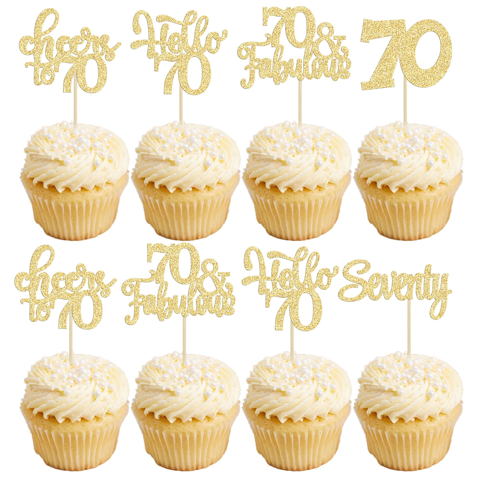 Photo 1 of 30Pcs Happy 70th Birthday Cupcake Toppers Seventy Cheers to 70 Years Old Birthday Cupcake Picks for 70th Anniversary Party Cake Decorations Supplies Gold Glitter
