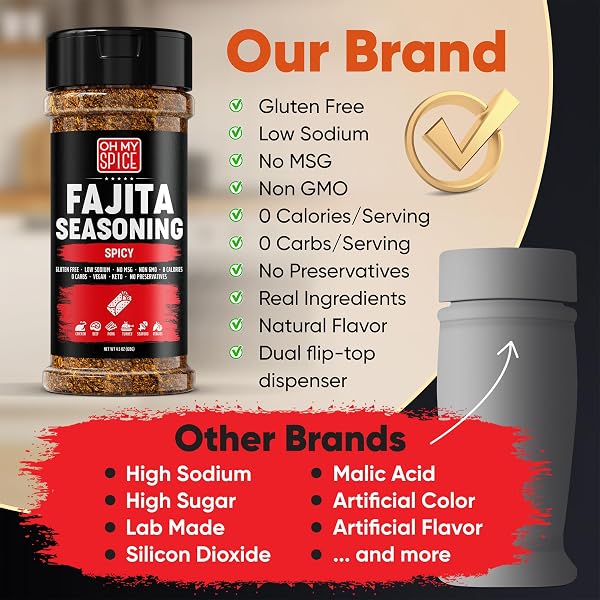 FAJITA SEASONING MIX SPICY CHILI POWDER – GLUTEN FREE & LOW SODIUM MEXICAN SEASONING BLEND FOR MEAT, VEGETABLES, STEAK & CHICKEN FAJITA. TACO SEASONINGS MIX SPICES. HOT FAJITAS SEASONINGS SPICE. 4.5OZ