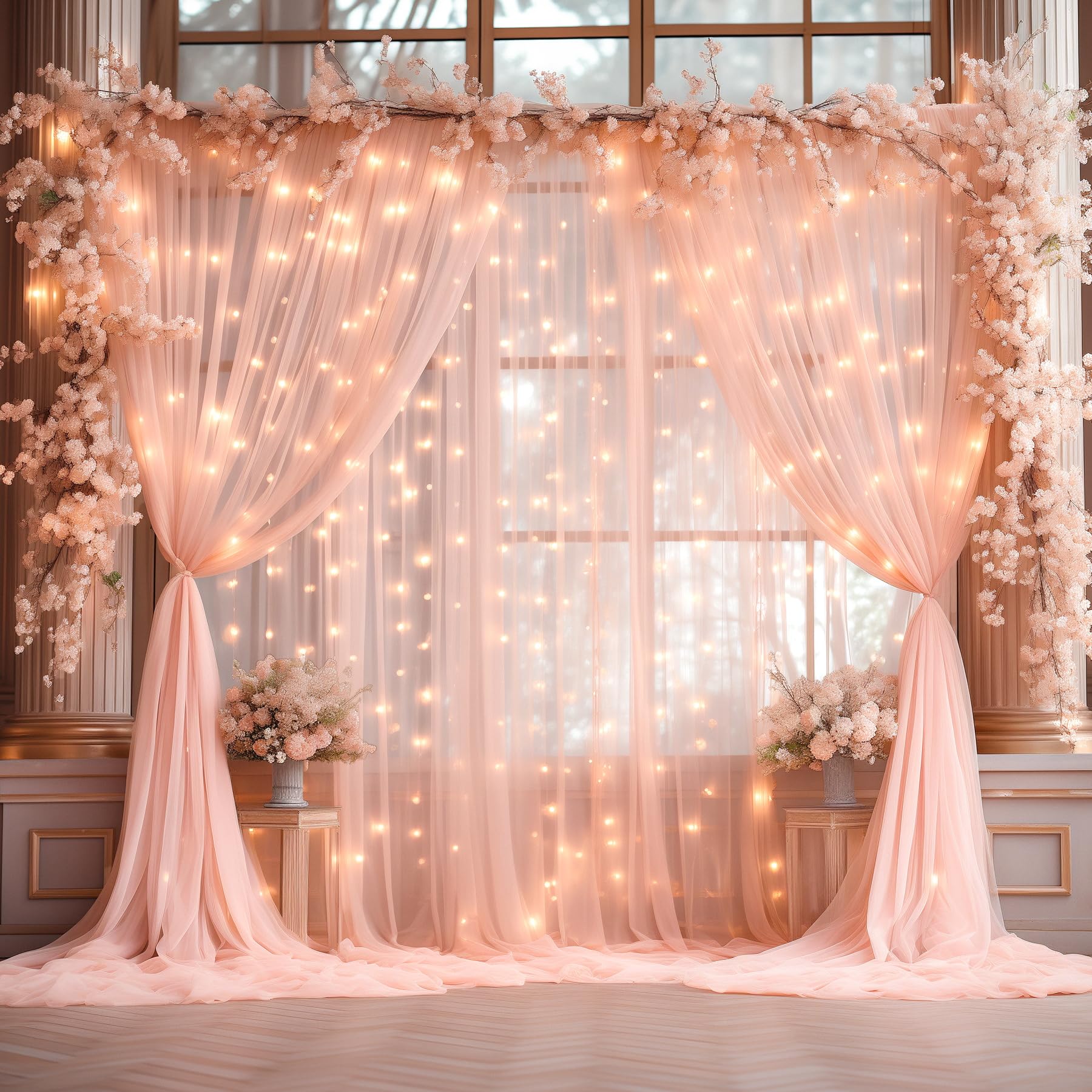 Photo 1 of 20x8ft Peach Tulle Backdrop Curtain with Lights String for Parites, Sheer Photo Backdrop Curtains with Lights for Wedding Backdrop Ceremony Reception Bridal Shower Baby Shower Birthday Party