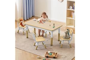 DOREROOM Toddler Table and Chairs Set for 4, 47.2''L x 23.6''W Kids Study Table and Chair Set, Height-Adjustable, Graffiti Desktop, Children Activity Table for Daycare, Classroom, Home