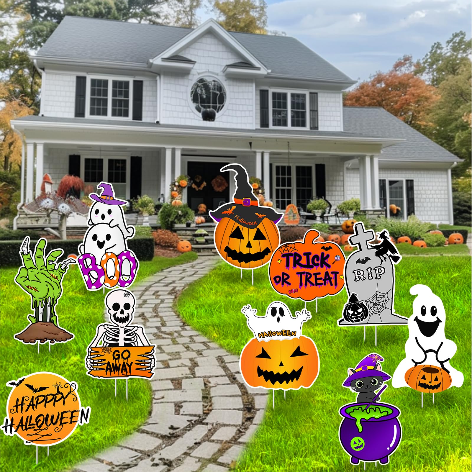Photo 1 of 10 PCS Cute Halloween Decorations Outdoor Yard Signs,Large Yard Stakes Signs Pumpkin Ghost,Halloween Lawn Decoration for Family Friendly Kids Home Party Plastic Halloween Yard Stakes