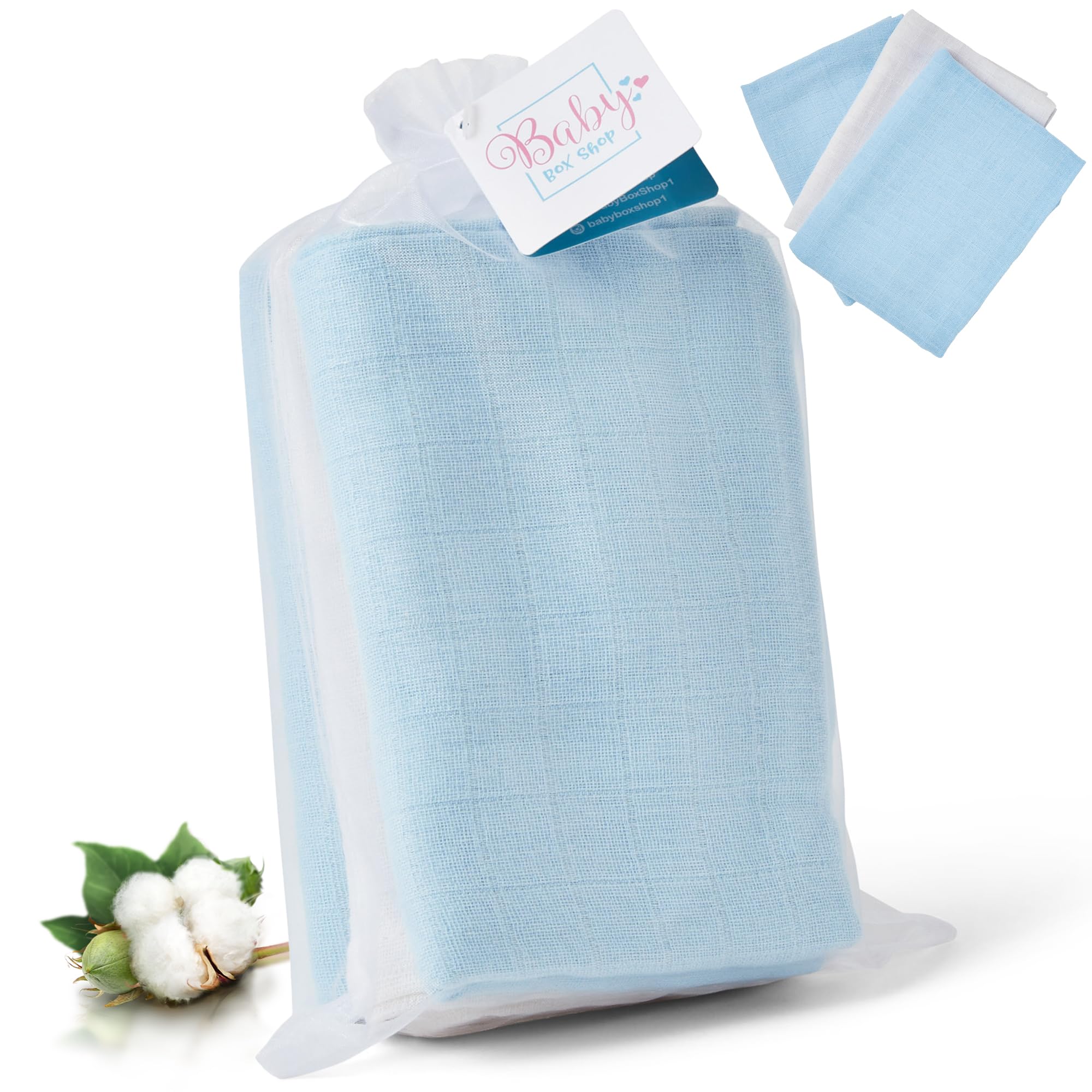 Baby Box Shop - Muslin Cloths for Baby Boy, 100% Soft Cotton, Use as Breast Feeding Cover, Hand Washcloths & Burp Cloths, Baby Essentials for Newborn - 70cm x 70cm 2 x Blue 1 x White (Pack of 3)